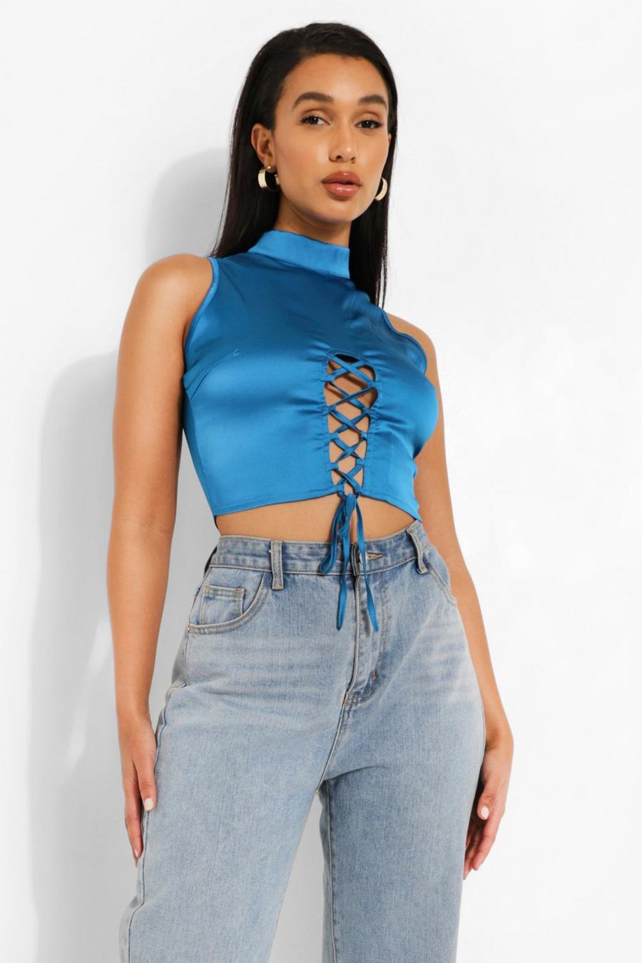 Blue Satin Lace Up Top image number 1