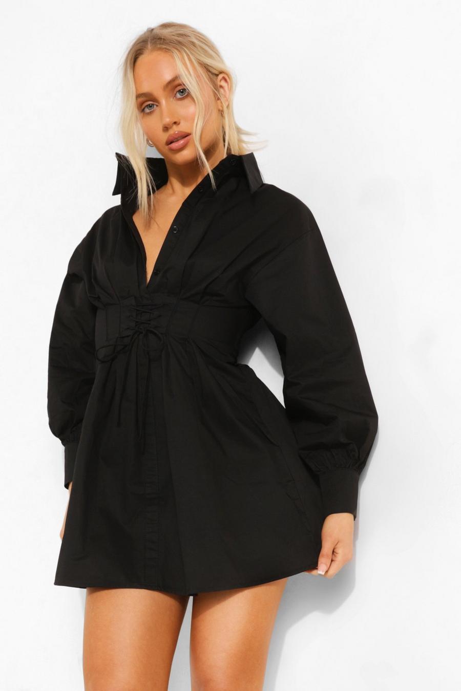 Black noir Lace Up Corset Detail Shirt Dress