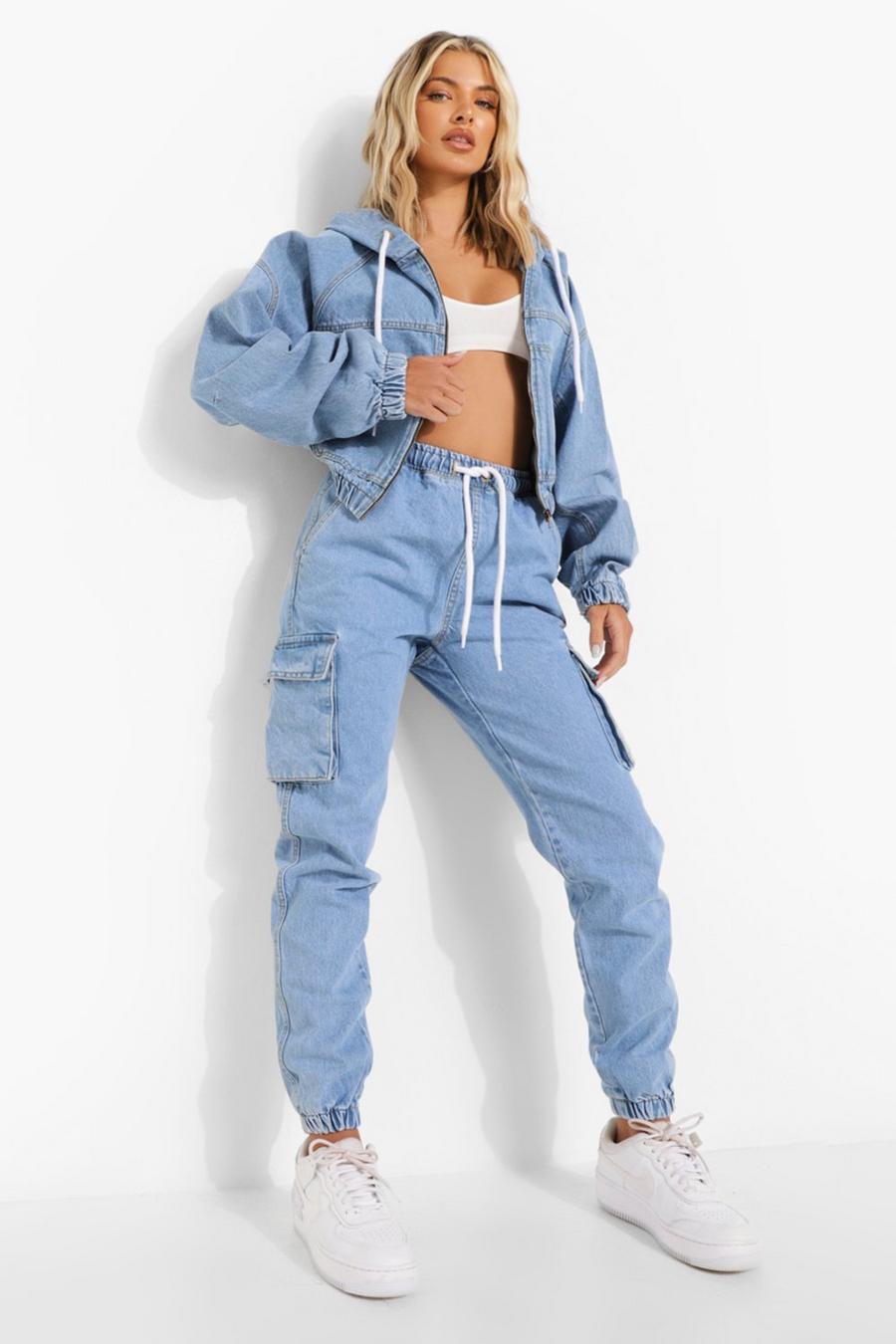 Mid blue Cuffed Denim Joggers With Pockets image number 1