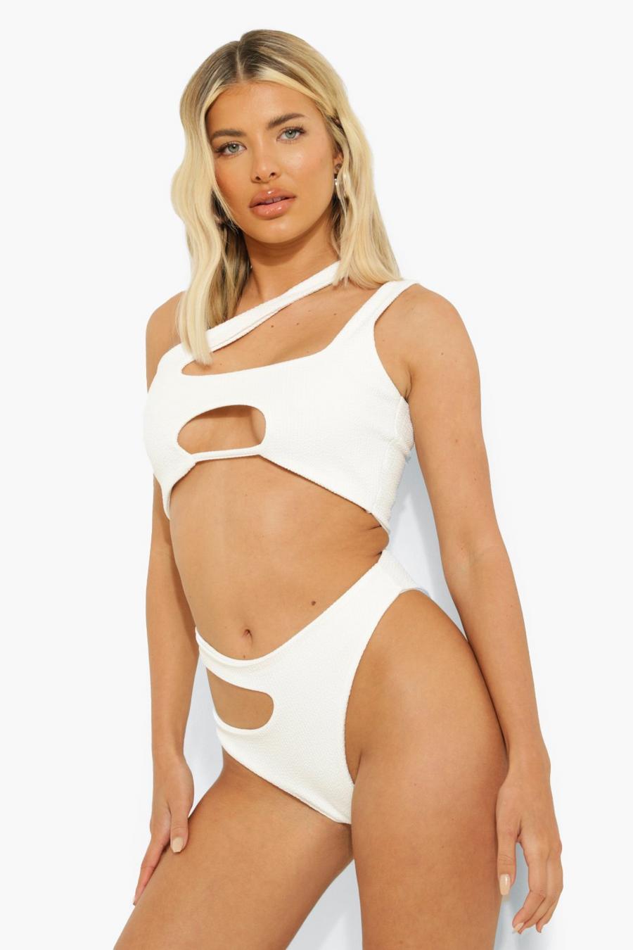 White Asymmetric Cut Out Textured Rib Bikini Top image number 1