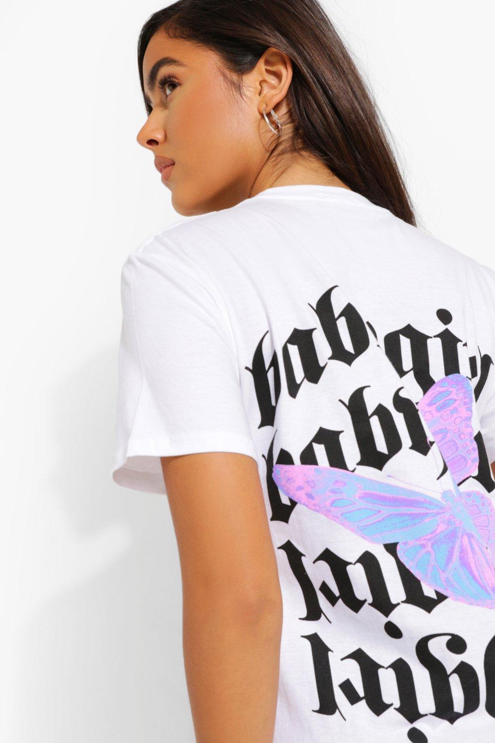 T-shirt donna con scritta e stampa farfalle