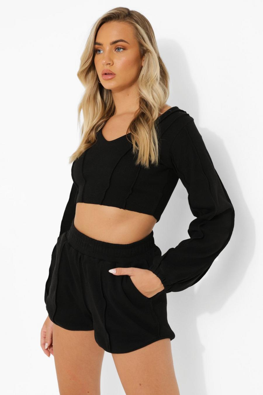 Black Exposed Seam Detail Cropped Sweat And Short Set image number 1