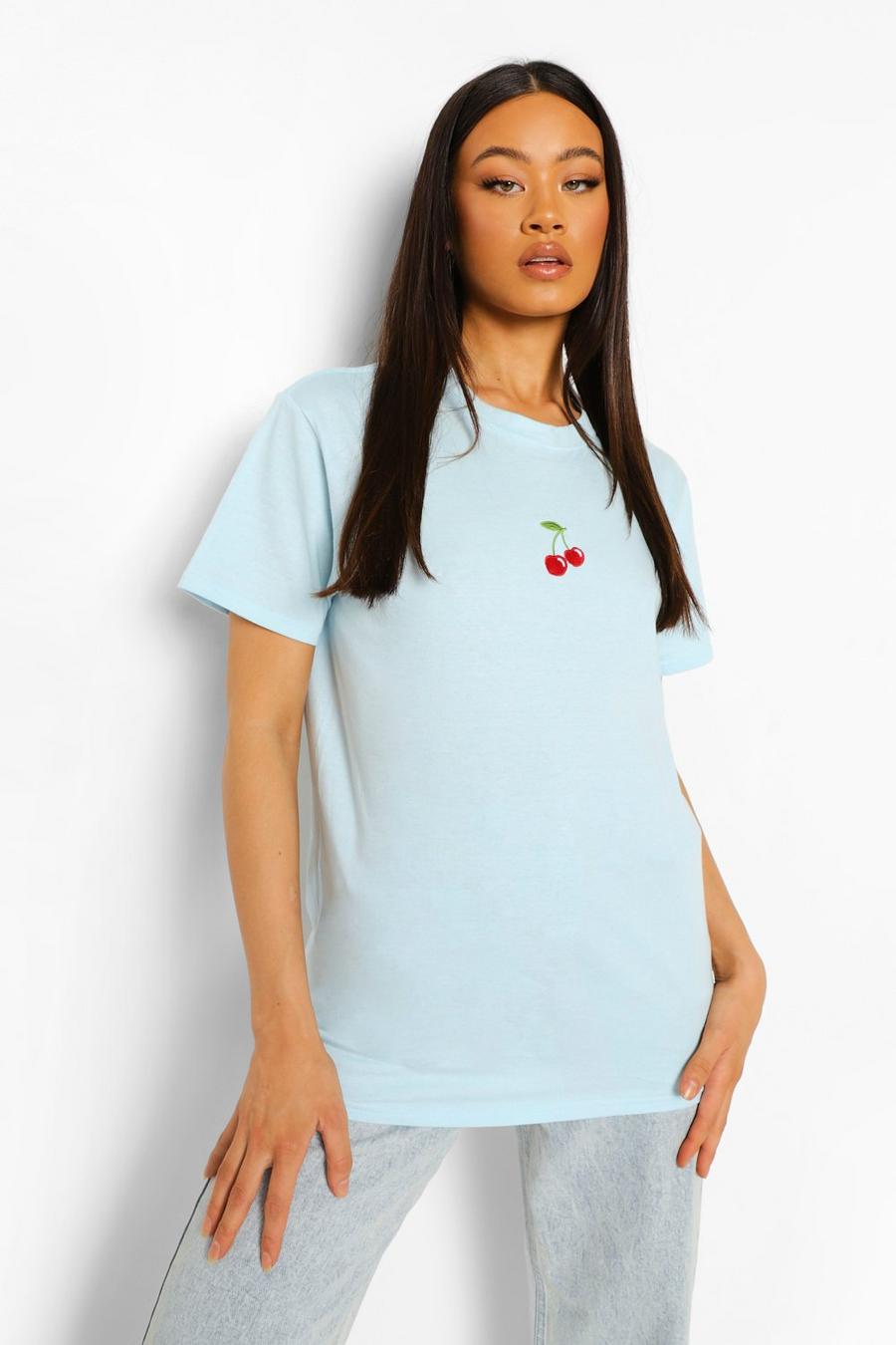 Pale blue Cherry Embroidered T Shirt image number 1