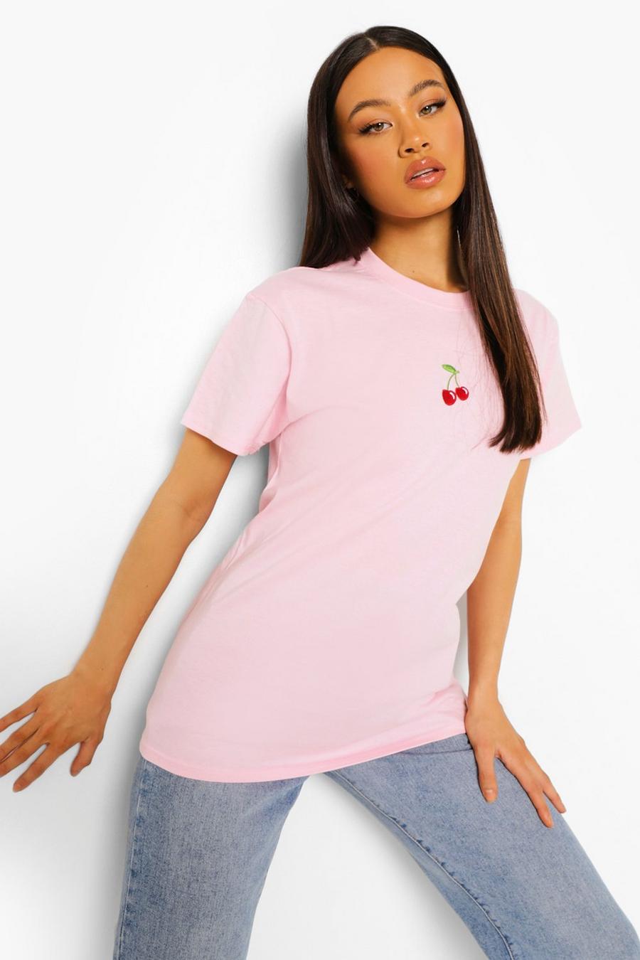 Pale pink Cherry Embroidered T Shirt image number 1