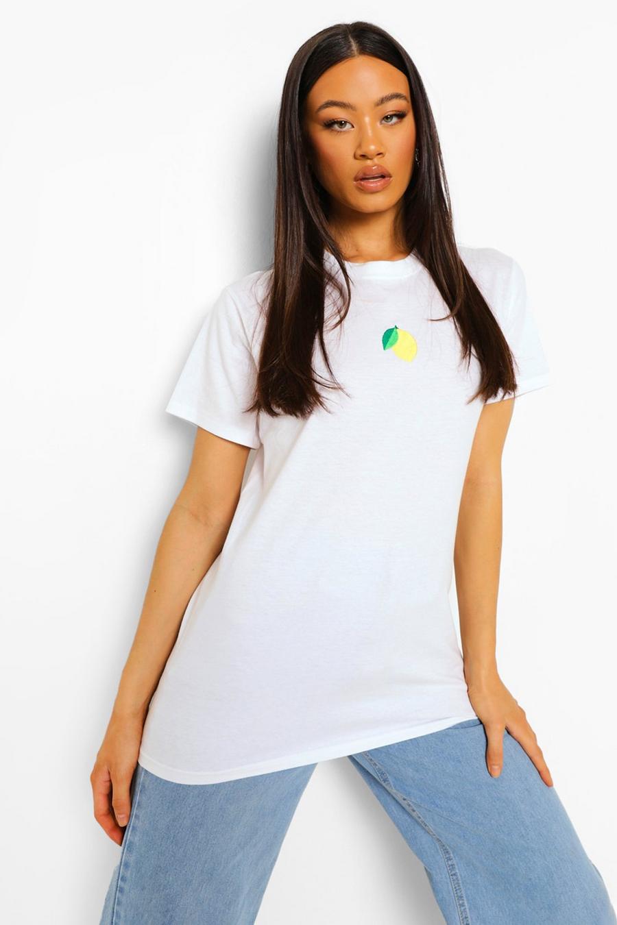 White T-shirt med broderad citron image number 1