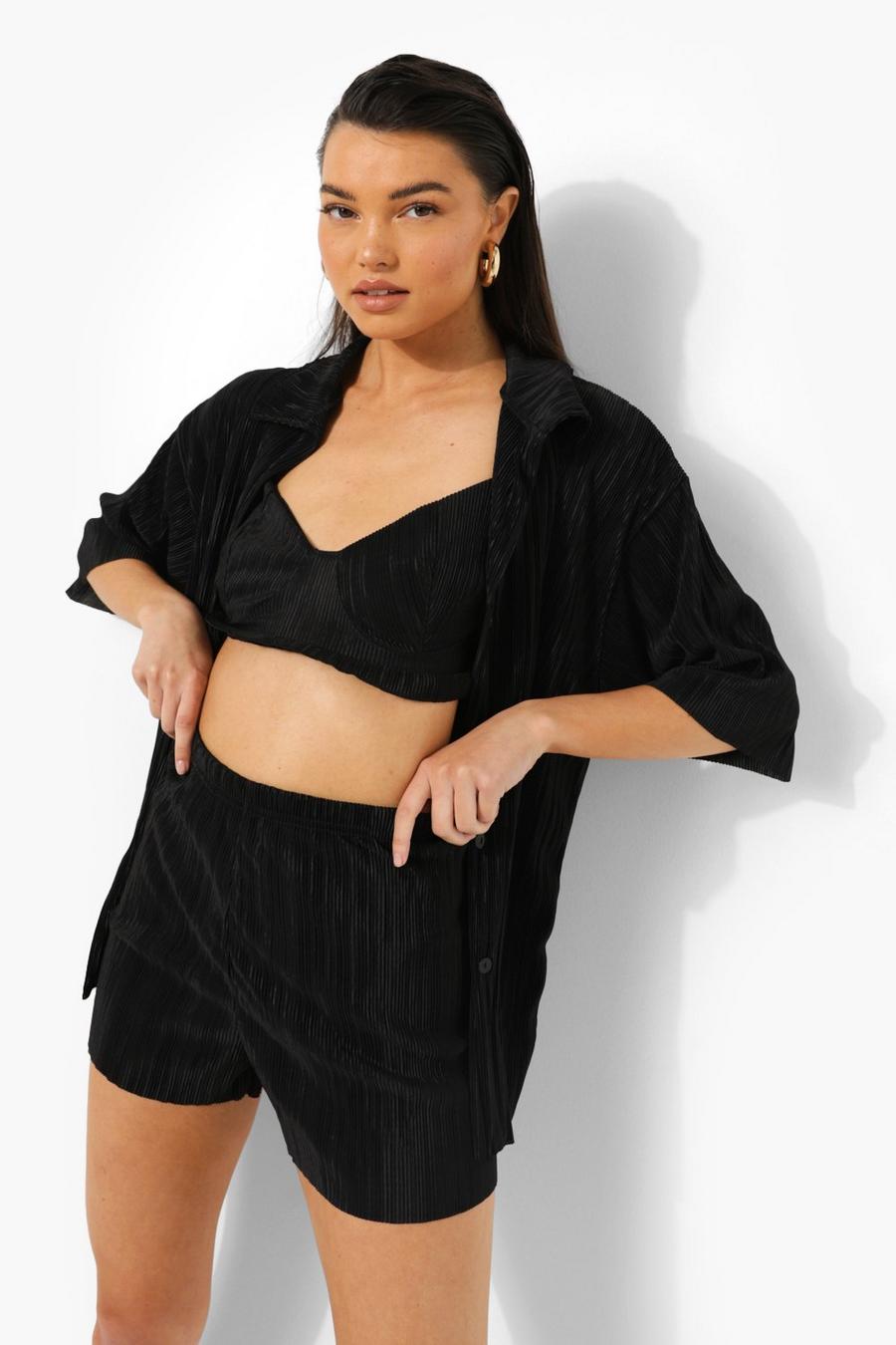 Black Plisse Oversized Shirt Bralette And Shorts image number 1