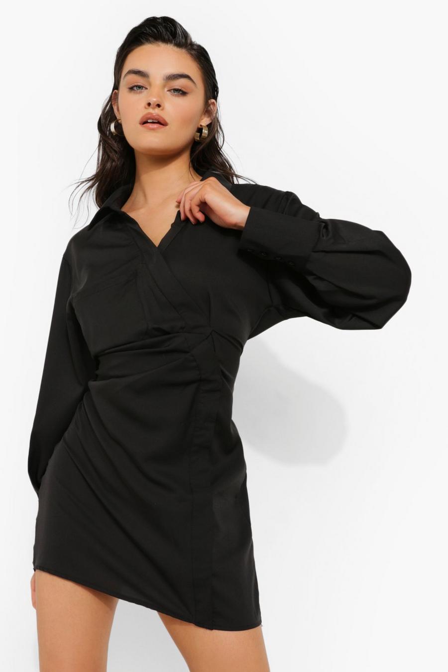 Black Ruched Side Pocket Detail Shirt Dress image number 1