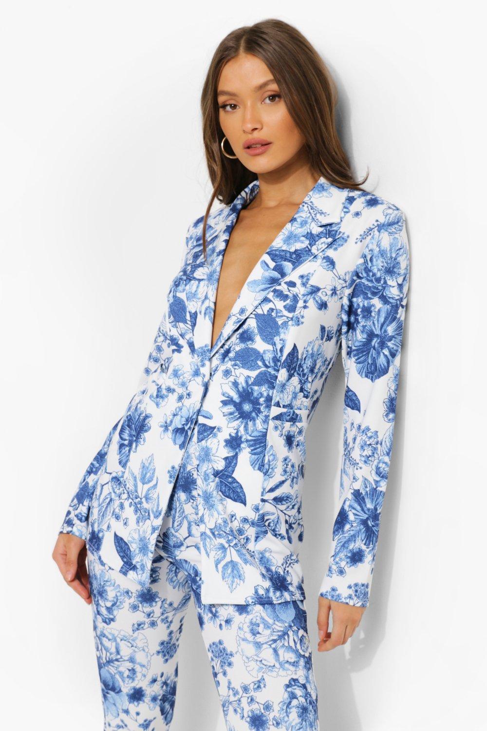 Royal Floral Print Plunge Blazer