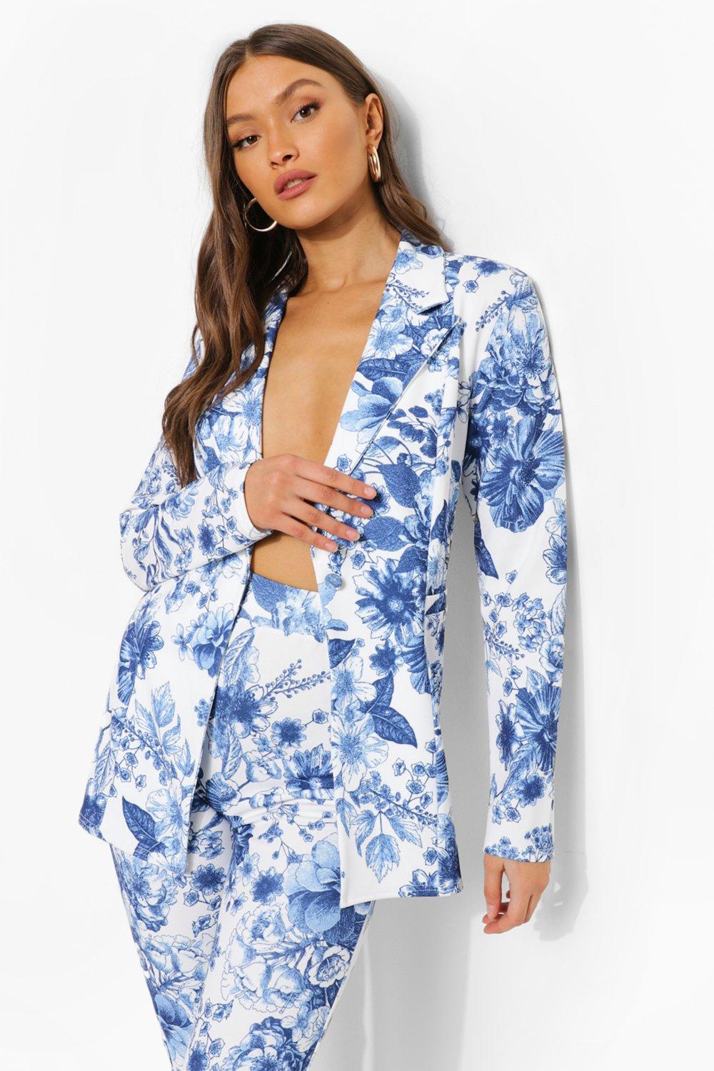 Floral Print Plunge Blazer boohoo CA