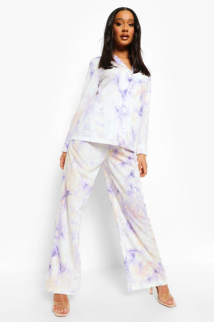 Lilac Pastel Tie Dye Relaxed Fit Wide Leg Trousers image number 1