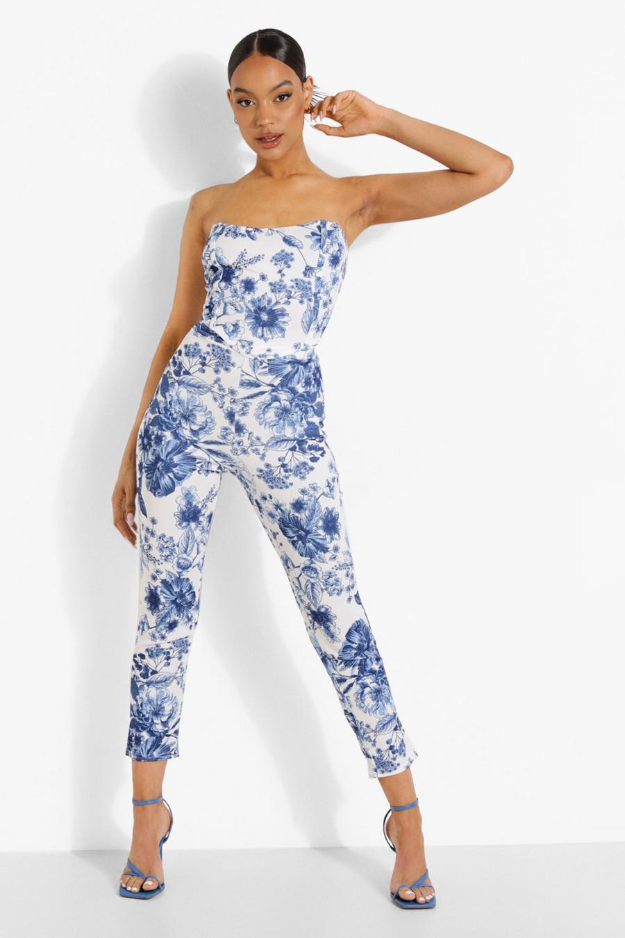 Pantaloni slim fit e corsetto con stampa floreale, Blu reale image number 1