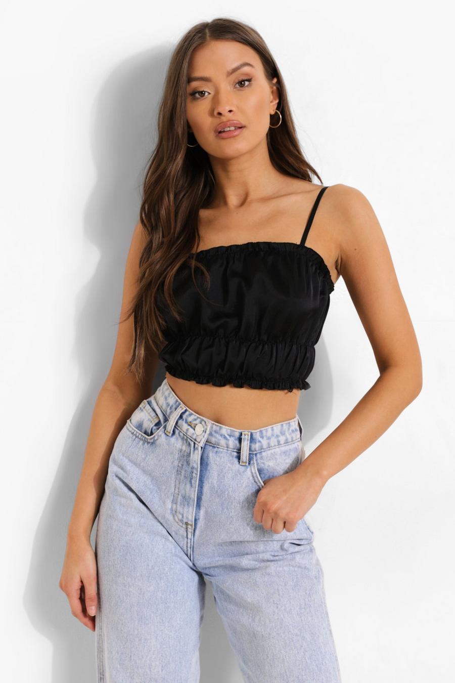 Black Strappy Satin Ruched Waist Crop Top image number 1