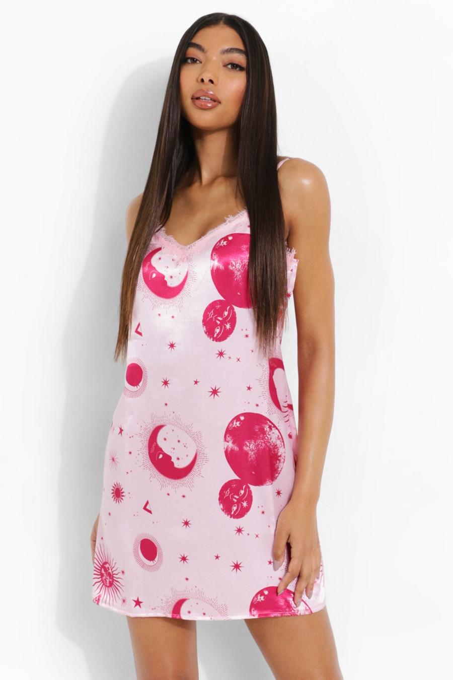 Pink Tall Satin Celestial Print Nightgown image number 1