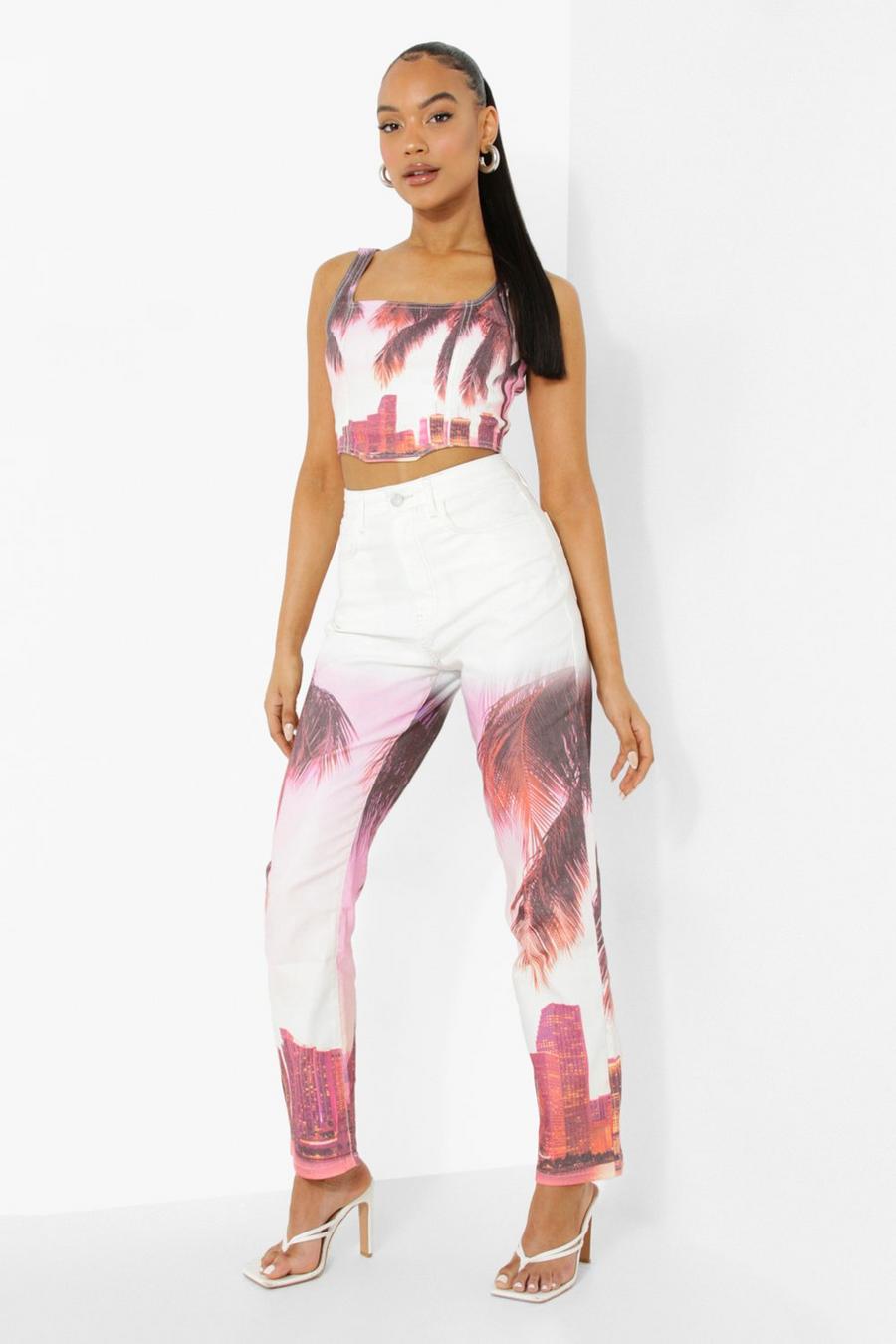 Pink rose All Over Palm Print Straight Leg Jeans image number 1