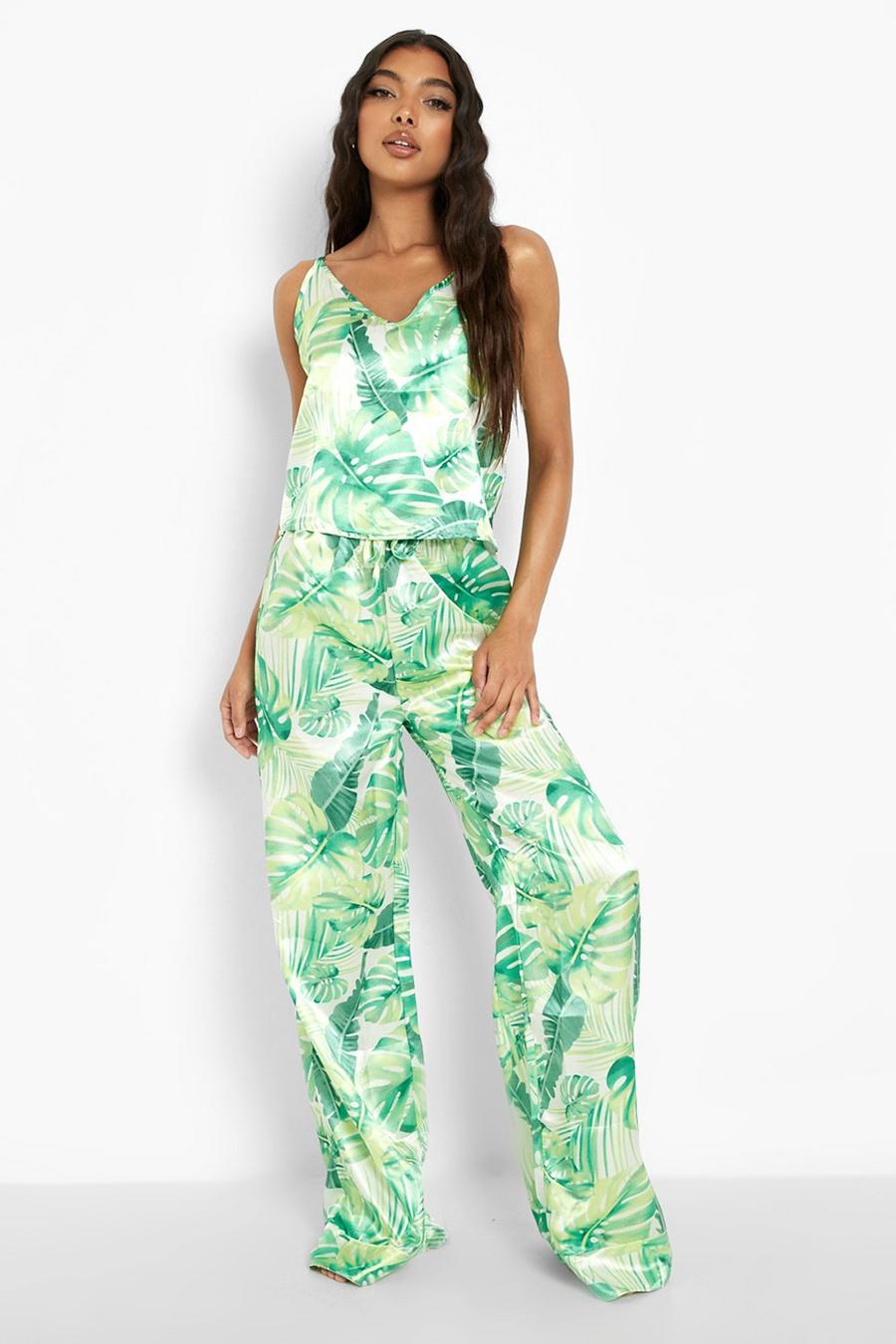 Tall Satin-Pyjama mit tropischem Print, Green image number 1