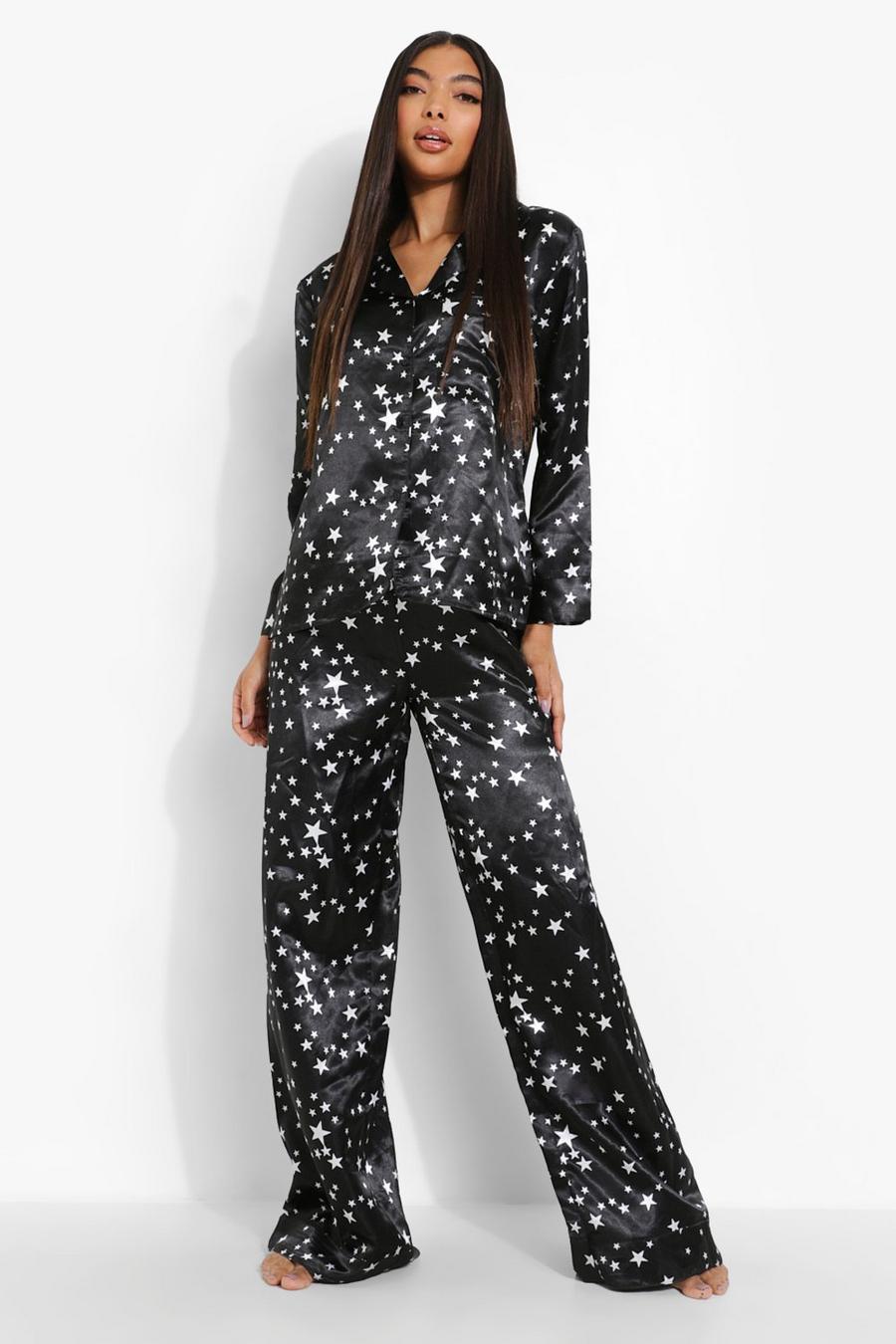 Pijama Tall de raso con pantalón largo y estampado de estrellas, Black image number 1