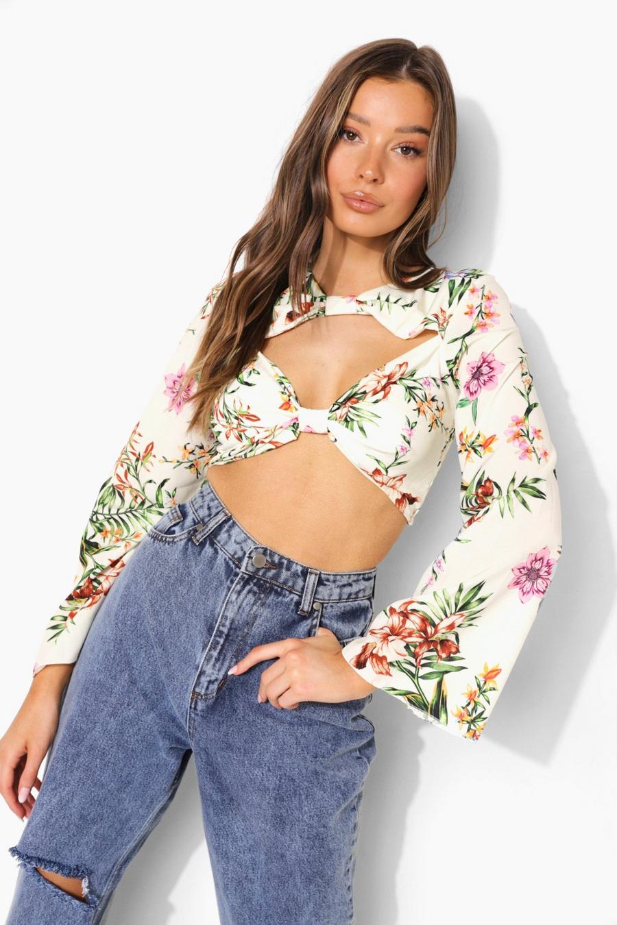 White Woven Printed Cut Out Crop Top image number 1