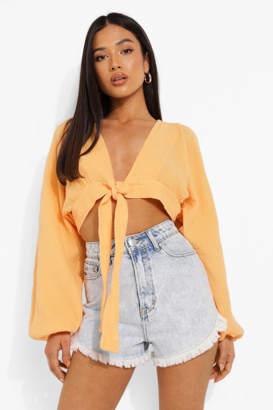 Peach Textured Knot Front Blouse image number 1