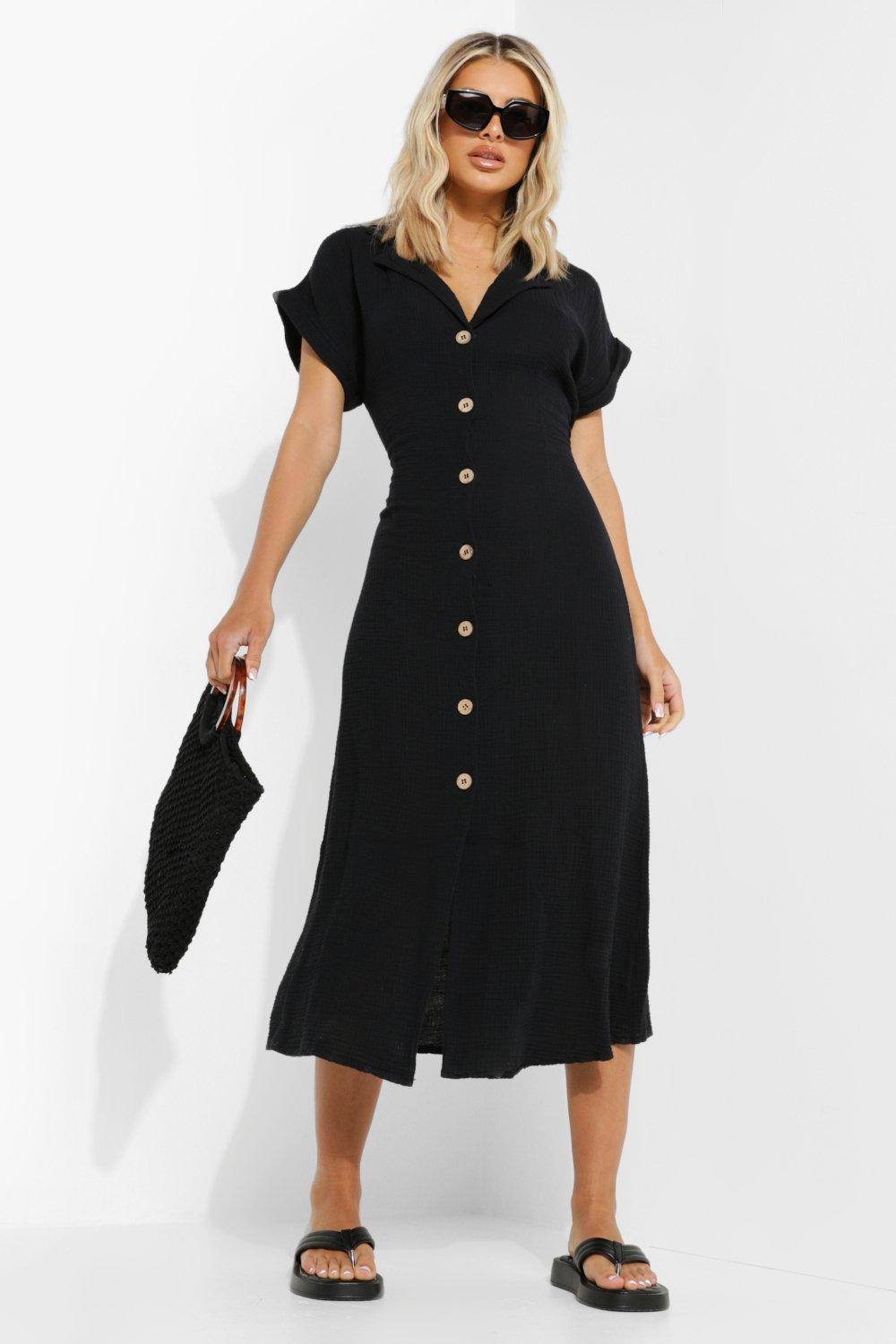 【国内即発】boohoo ブーフー☆black textured shirt dress Textured Button Front Shirt Dress | boohoo CA