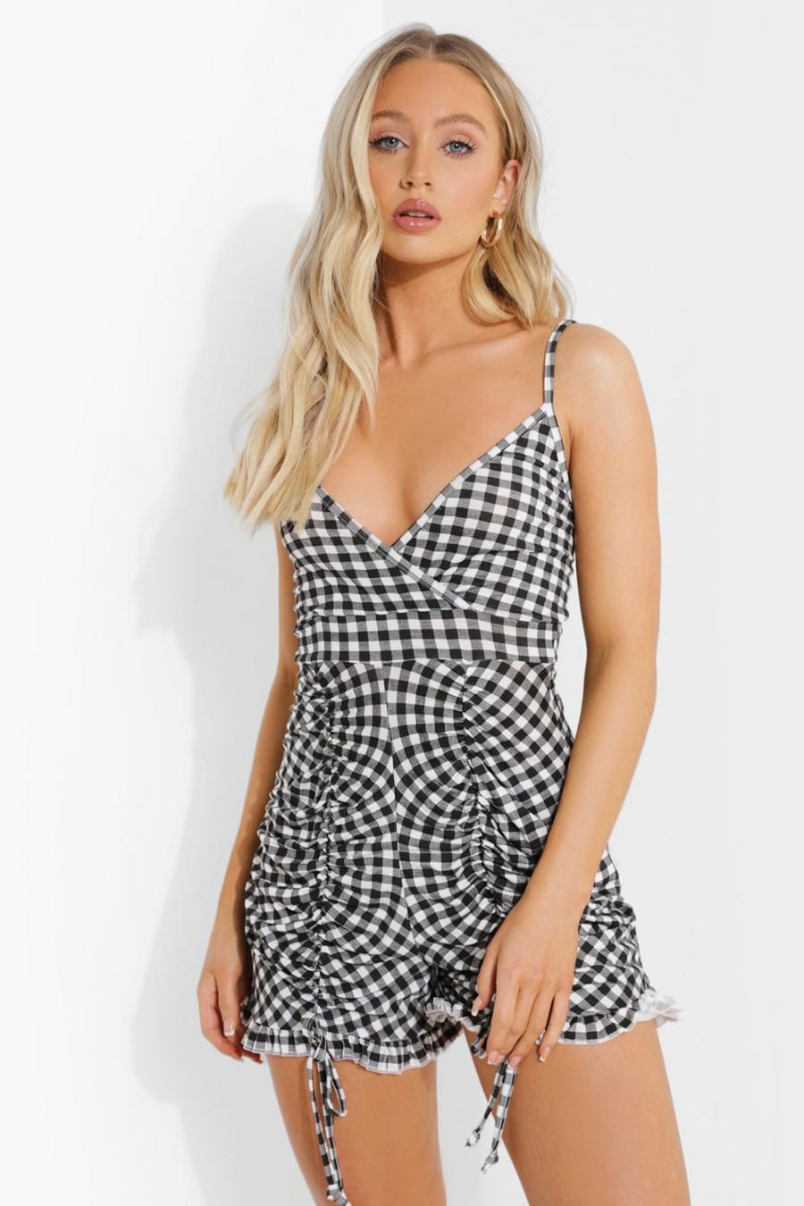Black Gingham Rouched Leg Playsuit image number 1
