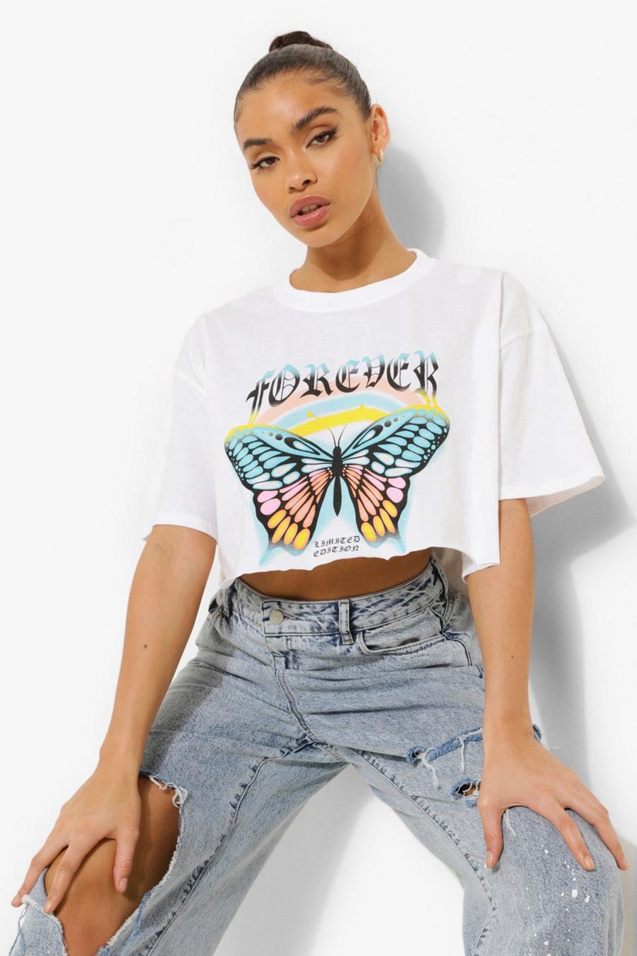 White Raw Edge Cropped Forever Butterfly T Shirt image number 1