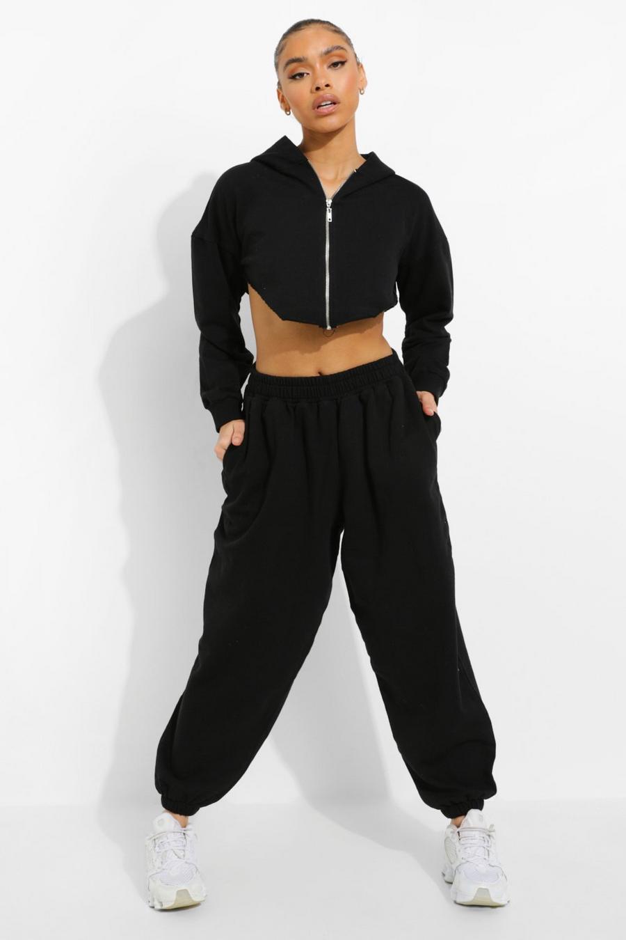 Black Raw Edge Cropped Hooded Tracksuit image number 1