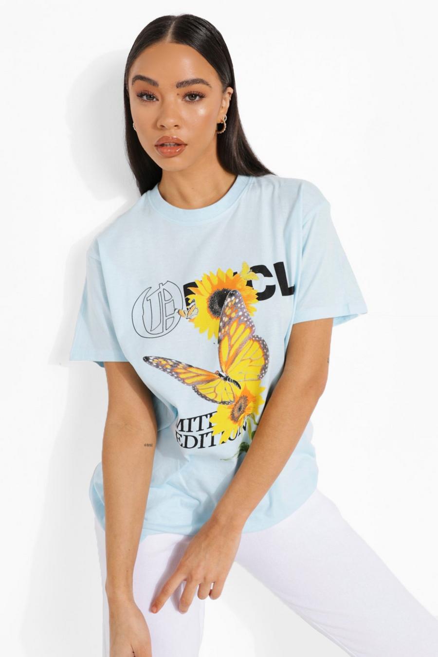T-shirt oversize con stampa di farfalla, Azzurro image number 1