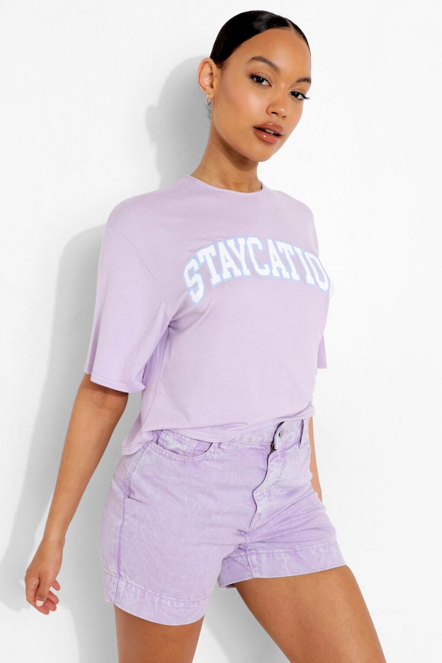 Lilac Staycation Cropped Slogan T Shirt image number 1