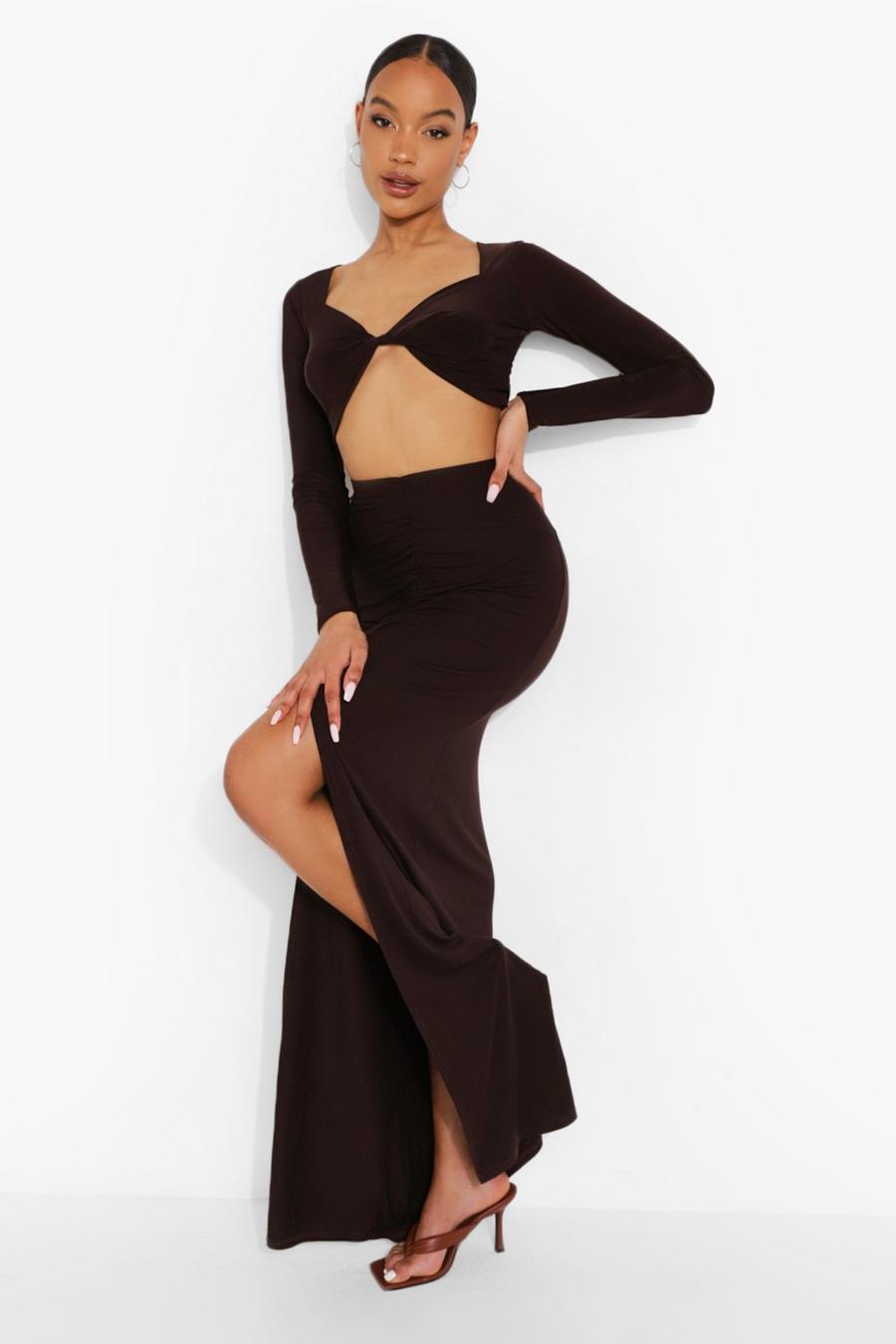 Chocolate Riuched Front Split Front Maxi Skirt image number 1