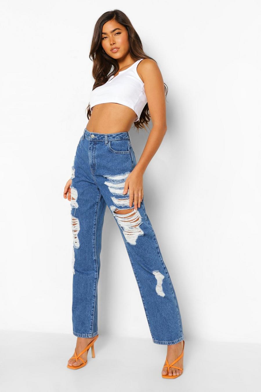 Mid blue High Waist Busted Boyfriend Jeans image number 1
