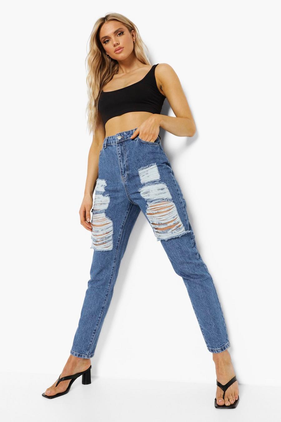 Enge High Waist Mom-Jeans in Destroyed-Optik, Mittelblau image number 1
