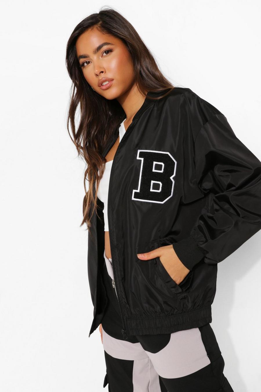 Black Varsity Oversized Bomber Jacket image number 1