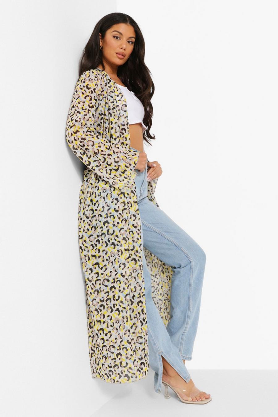 Pastellfarbener Maxi-Kimono aus Webstoff mit Leopardenmuster, Mehrfarbig image number 1