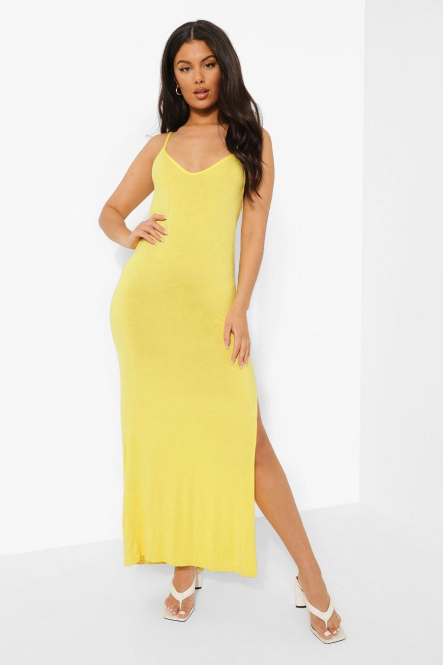 Yellow Basic V Neck Side Split Maxi Dress image number 1
