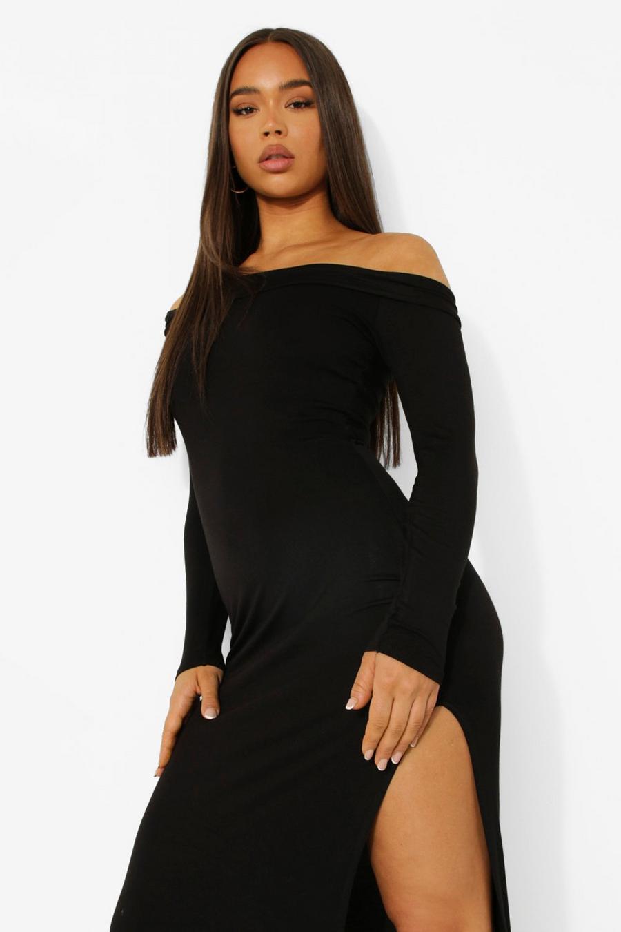 Black Basic Bardot Side Spilt Maxi Dress image number 1
