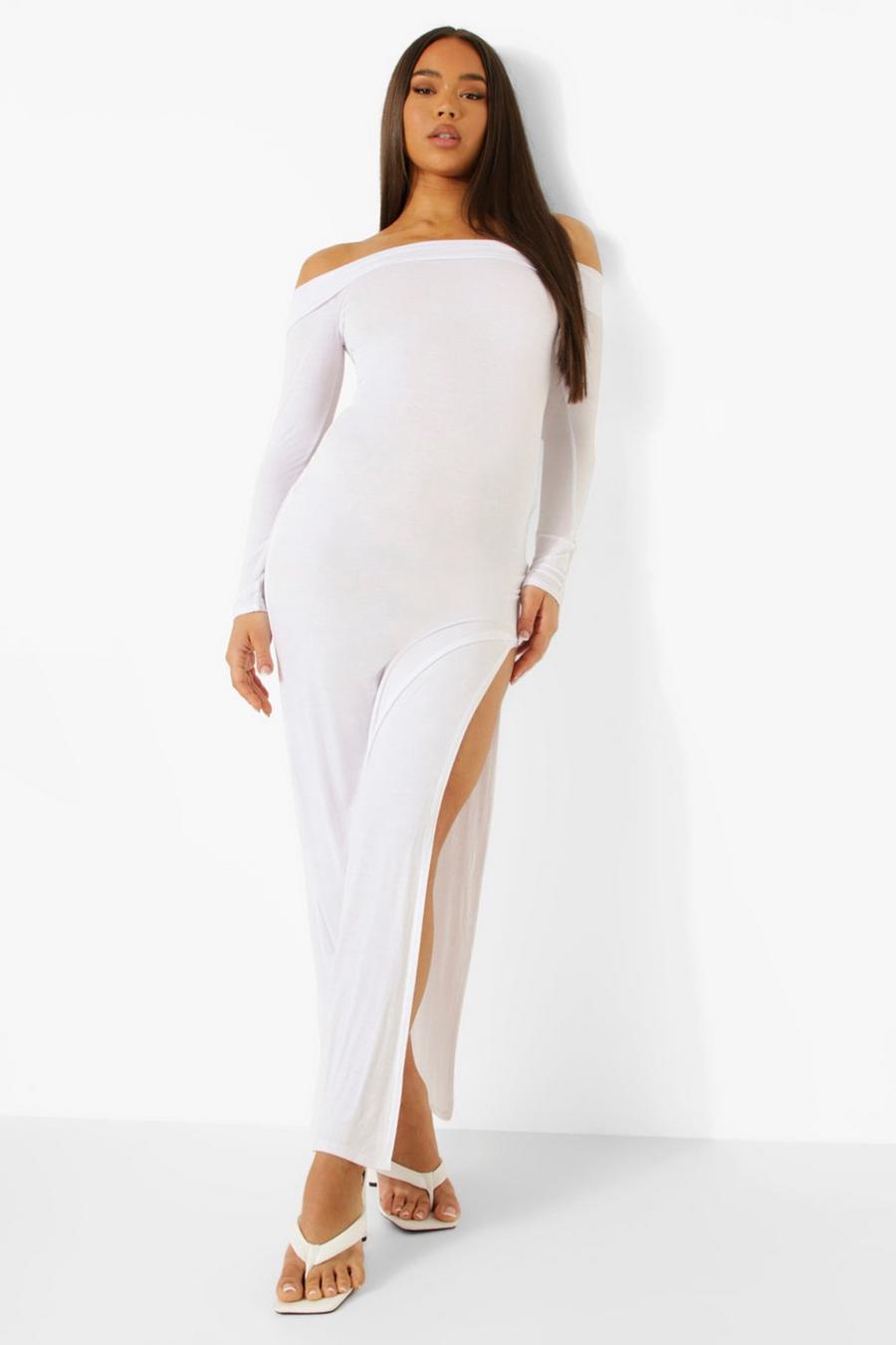 White Basic Bardot Side Spilt Maxi Dress image number 1