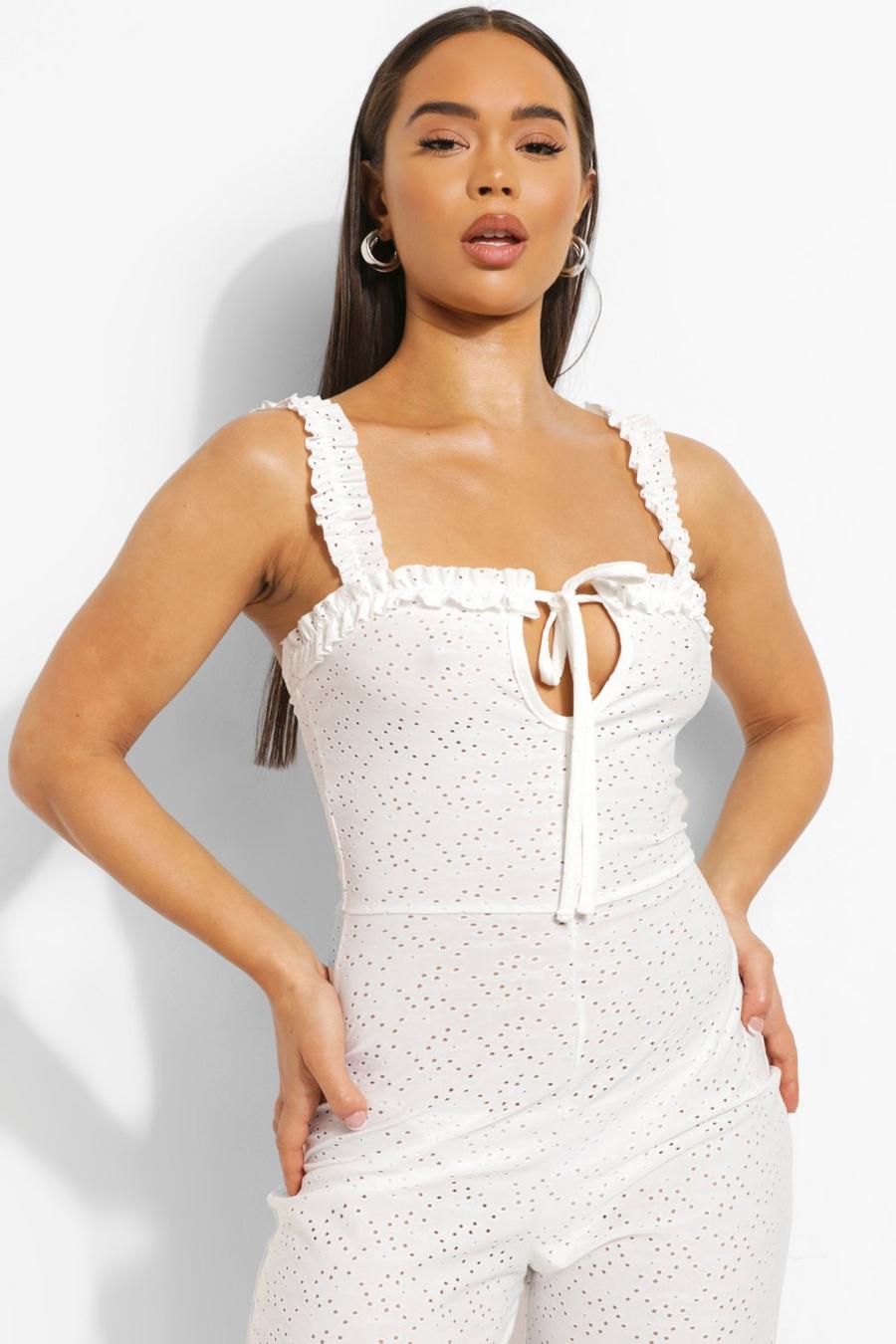 White Jersey Broderie Tie Bust Jumpsuit image number 1