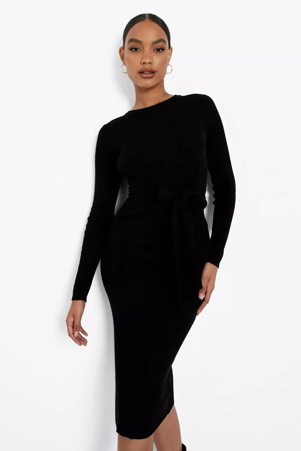 Boohoo tie cuff outlet rib knit dress