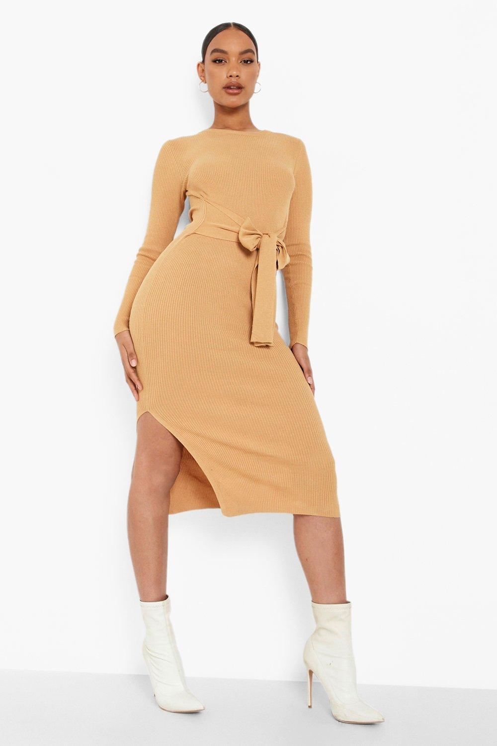 Boohoo tie cuff rib knit dress hotsell