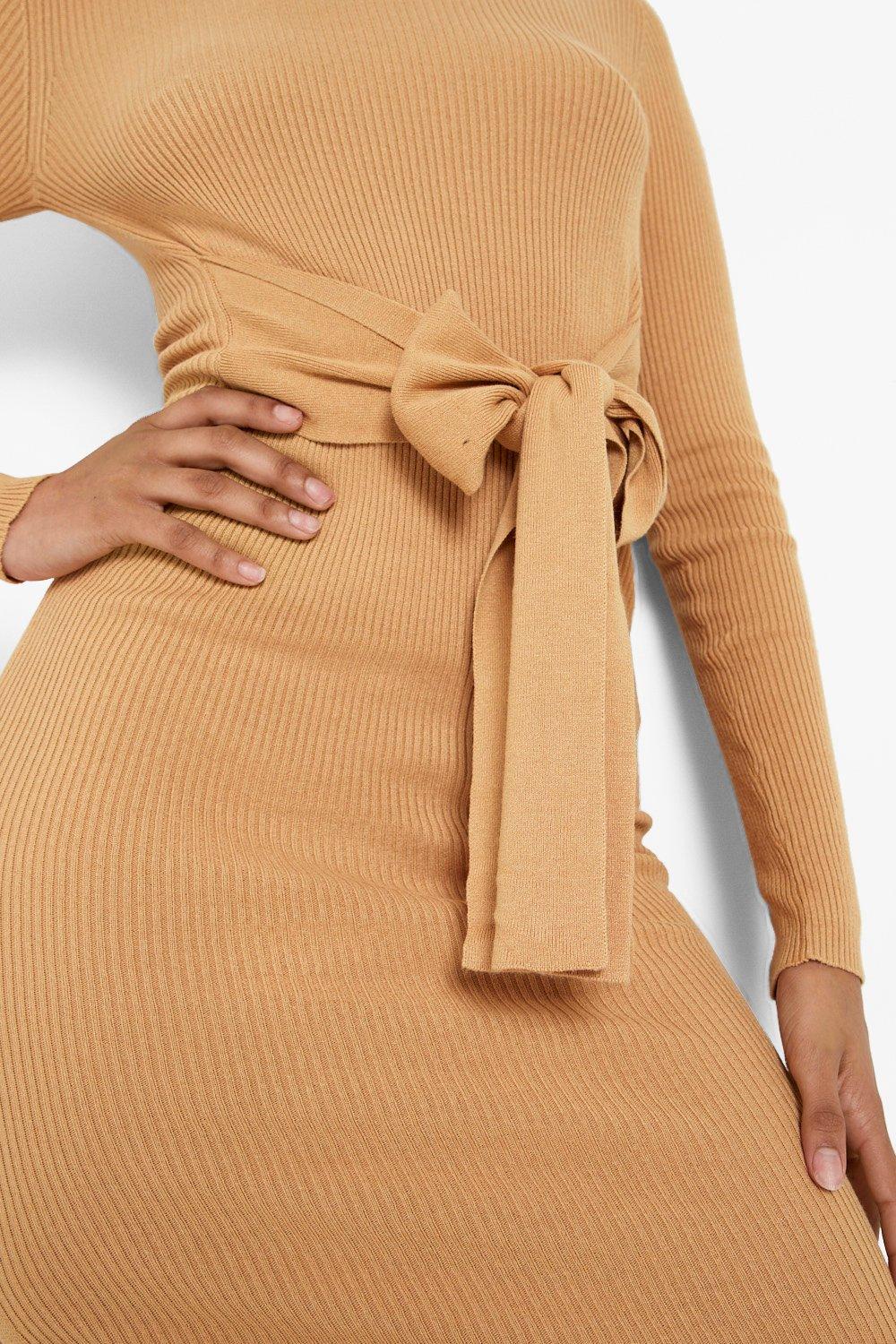 Boohoo tie cuff rib knit dress hotsell