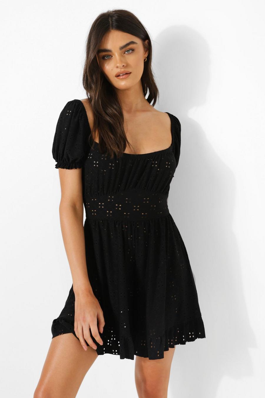 Black Jersey Broderie Puff Sleeve Playsuit image number 1