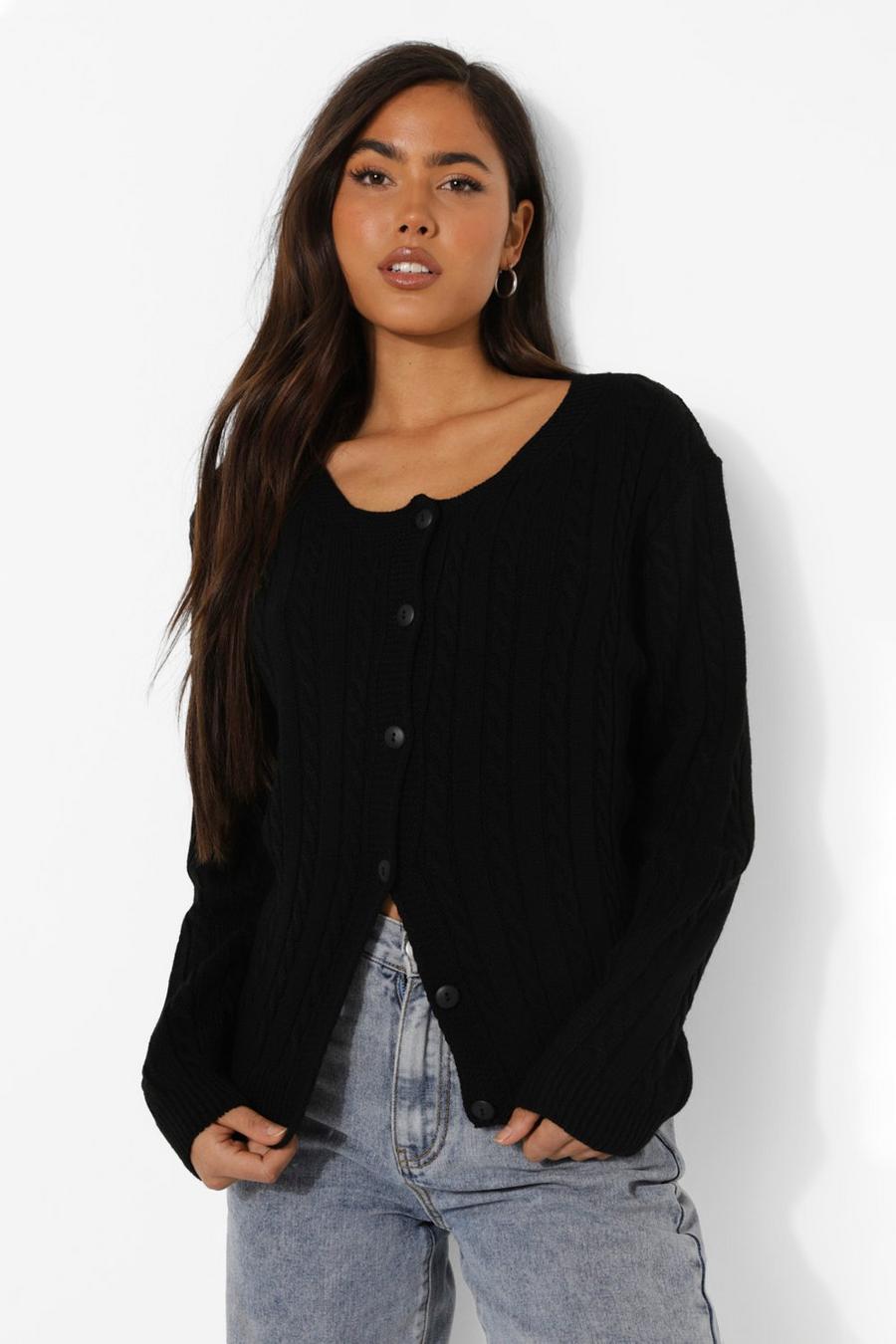 Black Cable Knit Cropped Cardigan image number 1