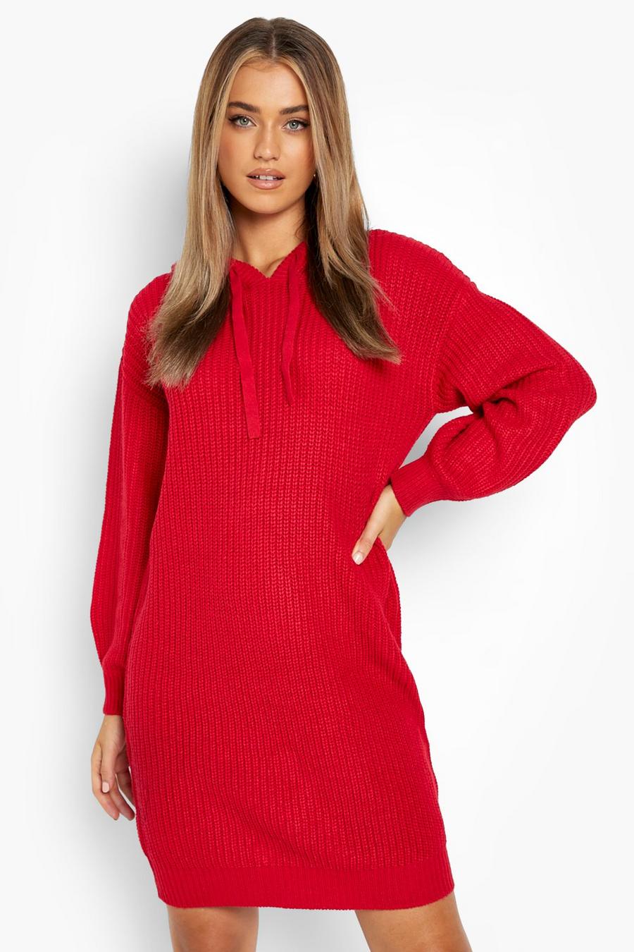 Red Fisherman Knit Hooded Sweater Dress image number 1