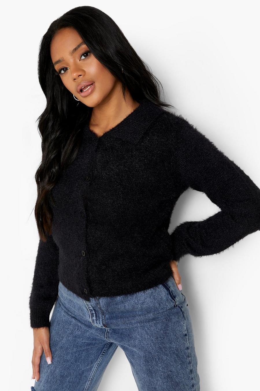 Black Fluffy Knit Polo Cardigan image number 1