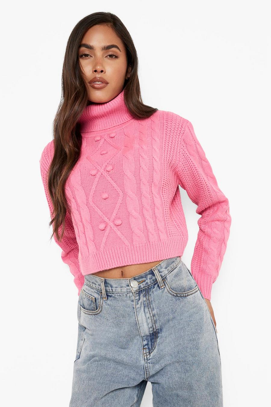 Pink Cable Bobble Knit Crop Sweater image number 1