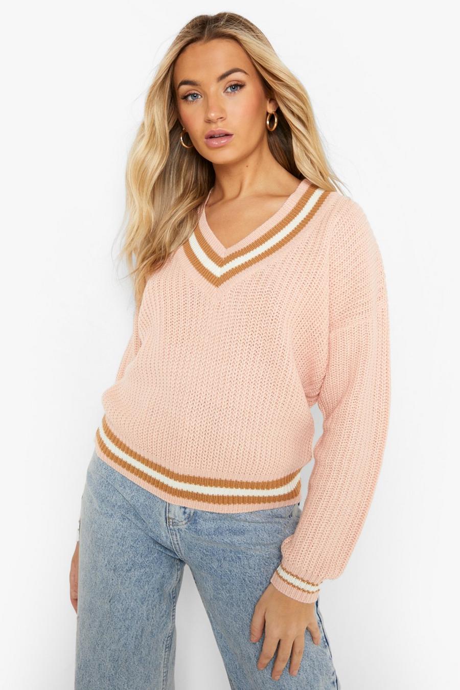 Pink V Neck Varsity Stripe Sweater image number 1