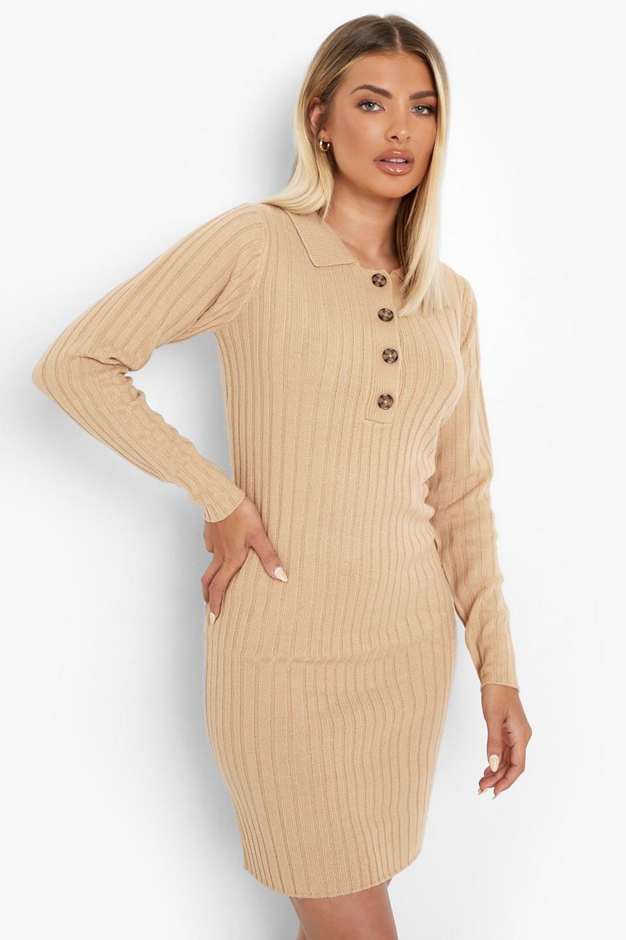 Biscuit beige Rib Knit Polo Neck Long Sleeve Dress