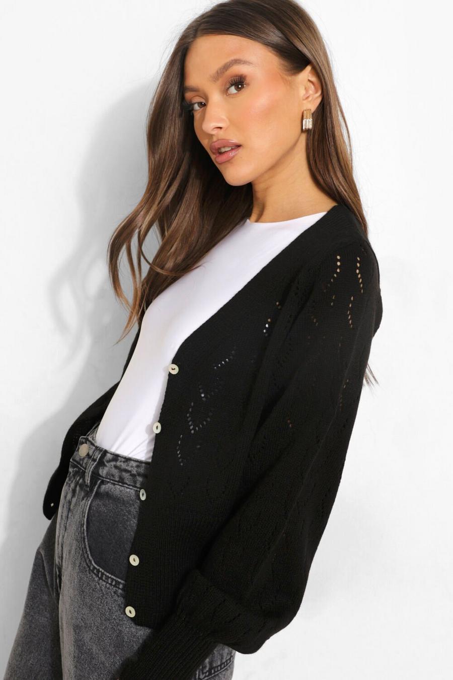 Black Pointelle Balloon Sleeve Cropped Cardigan image number 1