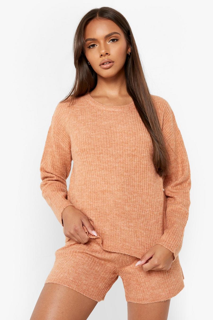 Camel Knitted Crew Neck Sweater And Short Set image number 1