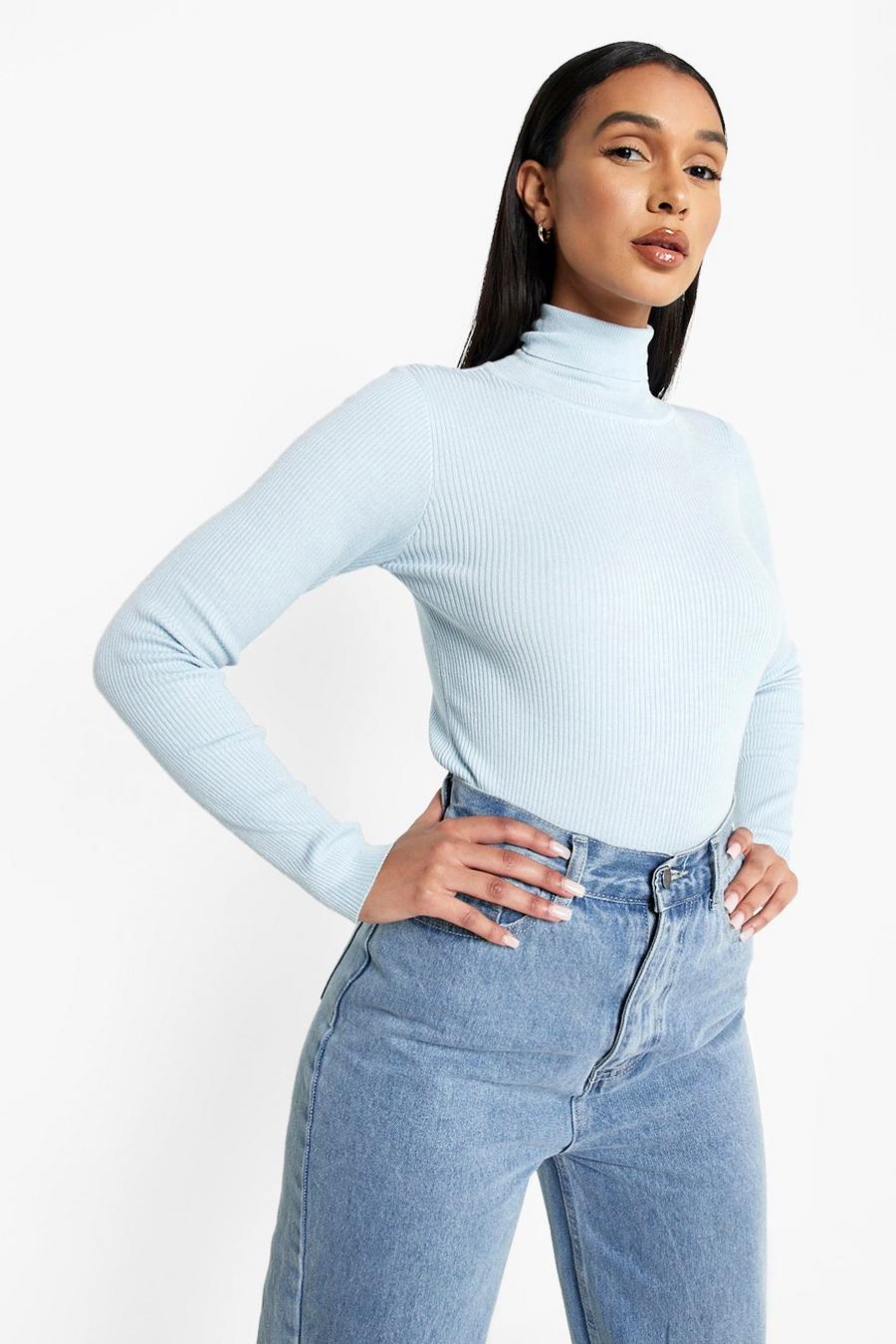 Blue Rib Knit Turtle Neck Sweater image number 1